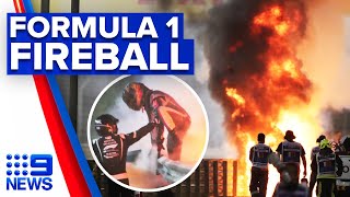 F1 driver miraculously survives fireball crash  9 News Australia [upl. by Ythomit]