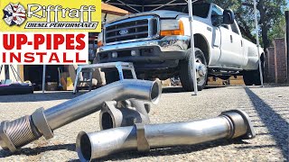 2001 F350 73  RiffRaff UpPipes Install  Stock up pipes leaking and falling apart JUNK SP [upl. by Zeidman]